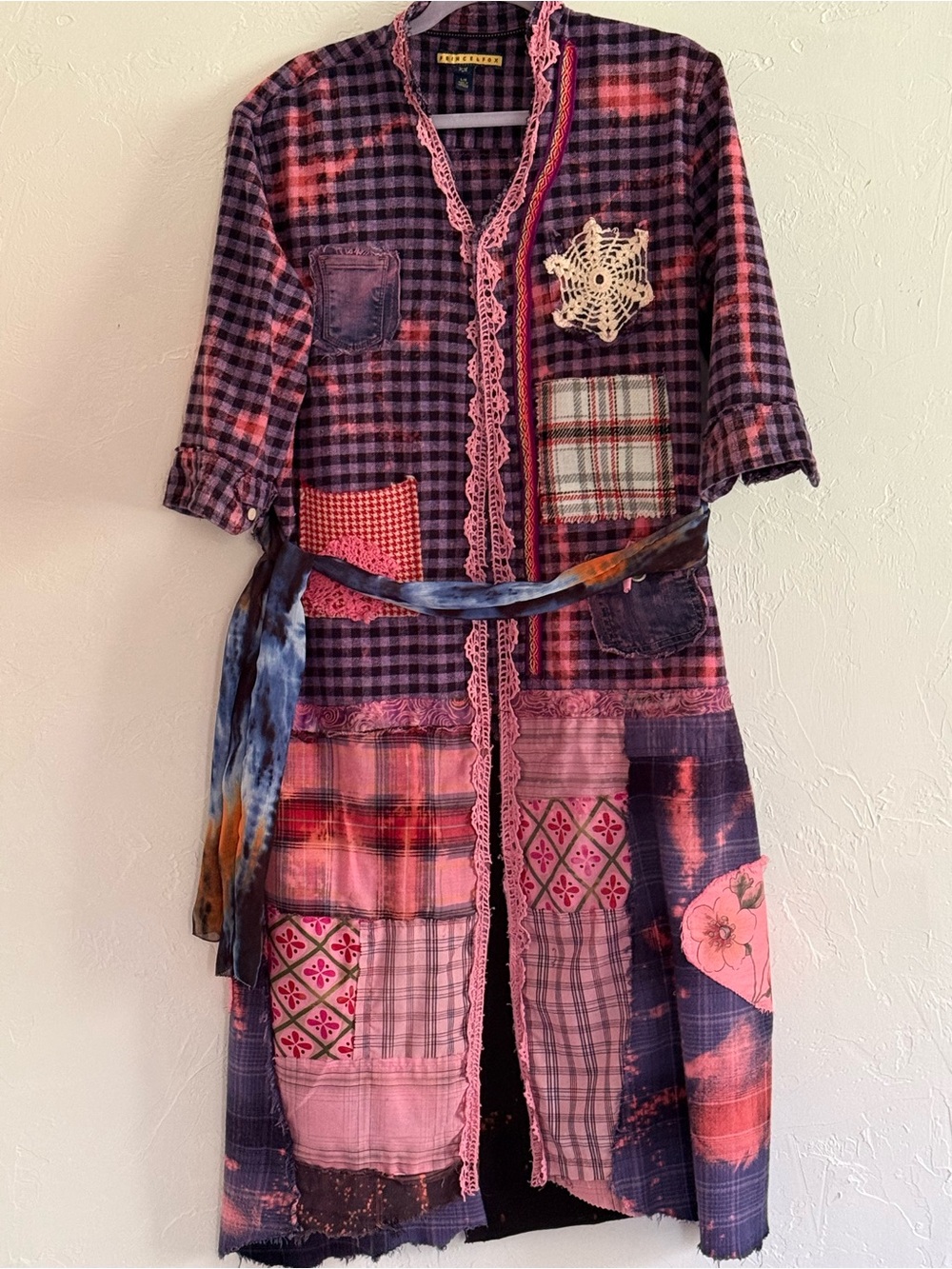 Upcycled Patchwork Duster Handmade Wearable Art Boho Pink Plaid  Large